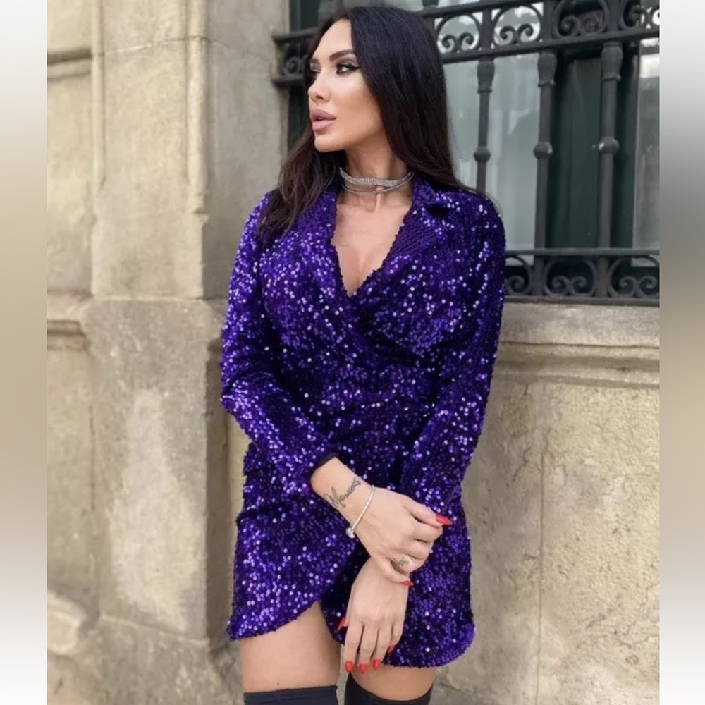 ZARA NWT WOMAN SEQUIN COLLAR BLAZER MINI DRESS Purple S